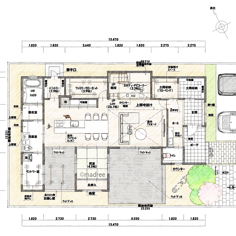 [50坪 4LDK] 廊下をなくして裏動線を充実、空間にゆとり生まれるリラックスハウスの間取り図　1階の画像