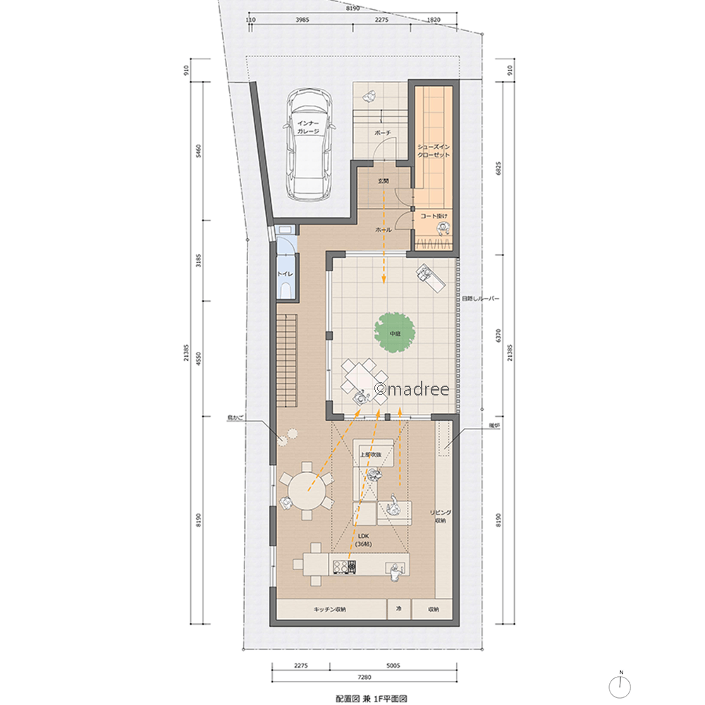 [65坪 4LDK] 中庭へと繋がるゆったり空間、建物中央から光届ける縦長コートハウスの間取り図　1階の画像