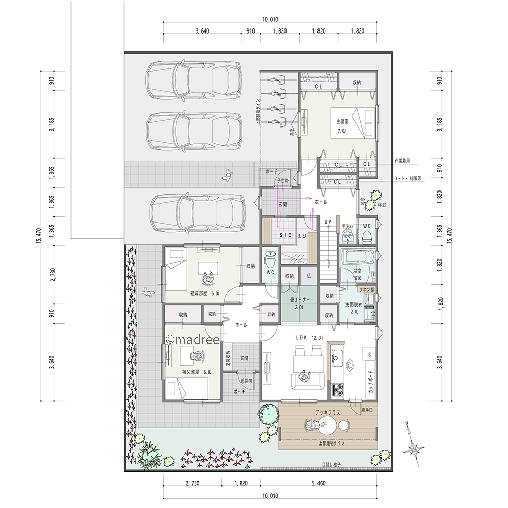 [63坪 畳コーナー] 玄関も隣り合わない独立した生活動線、すぐに助け合える距離感で暮らす二世帯住宅の間取り図　1階の画像