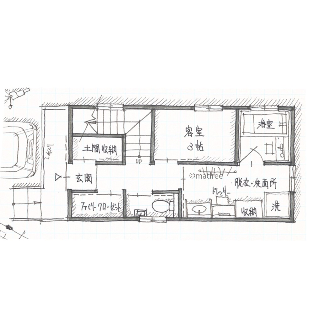 27坪 30坪 4ldk 低めの階段壁でリビングに一体感 低予算でハイクオリティの家の間取り図 Madree マドリー