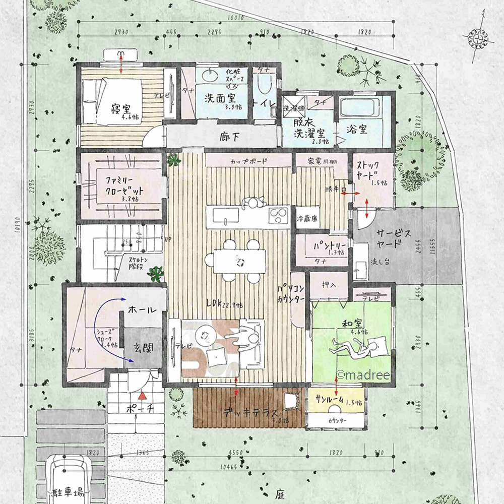 [43坪 5LDK] キッチン中心に生活動線をまとめた、将来1階で生活完結できる家の間取り図　1階の画像