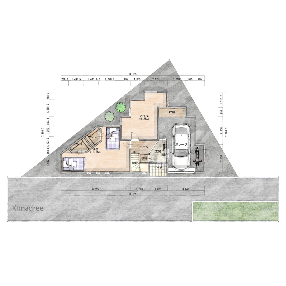 [44坪 4LDK] 個性的な凸凹間取りで、バイク眺める土間のある三角地の家の間取り図　1階の画像