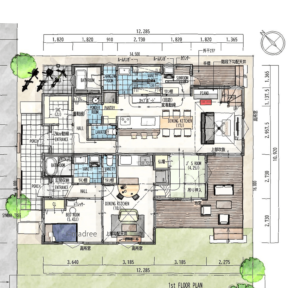 [50坪 5LDK] 視線をずらしてプライバシー確保、和室で繋がる心地良い二世帯住宅の間取り図　1階の画像