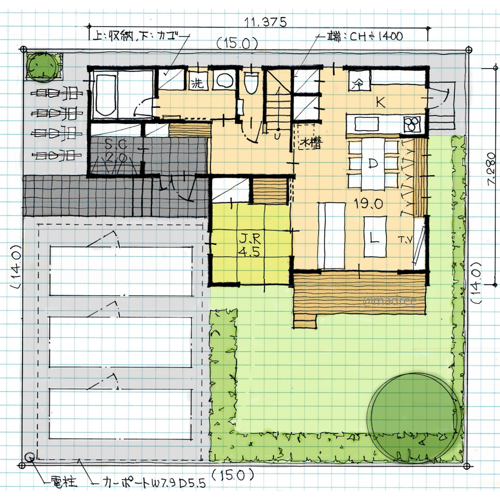 [38坪 5LDK] LDKから庭への一体的空間、暮らし整う繋がる家事動線の家の間取り図　1階の画像