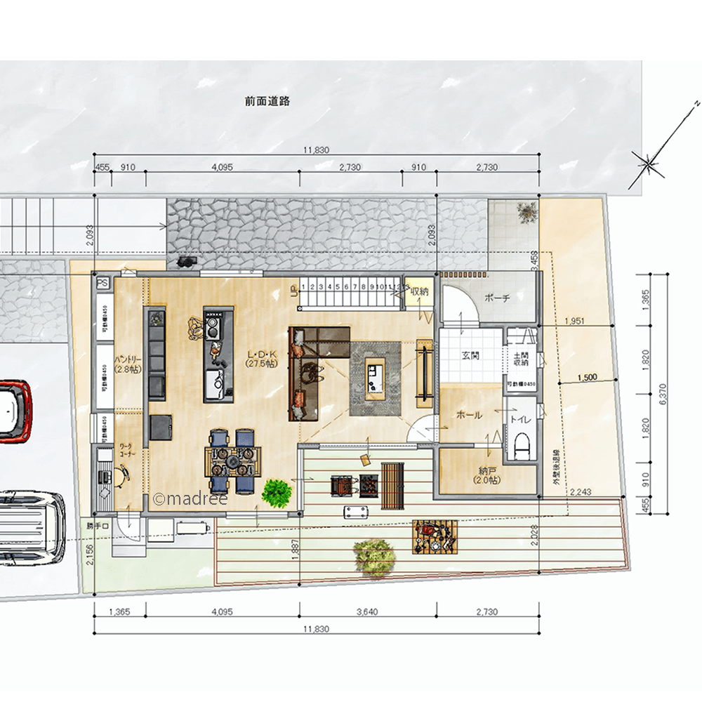 [36坪 2LDK] 共有空間にも適度な距離感、快適なパーソナルスペースを保つLDKの家の間取り図　1階の画像