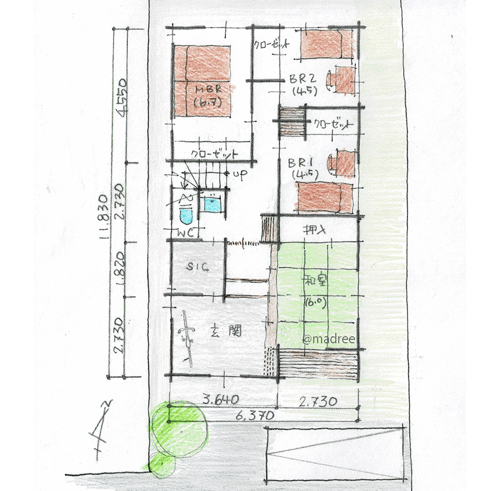 [43坪 4LDK] 自然に集まりたくなる共有空間、屋内外が開放的に繋がる2階LDKの家の間取り図　1階の画像