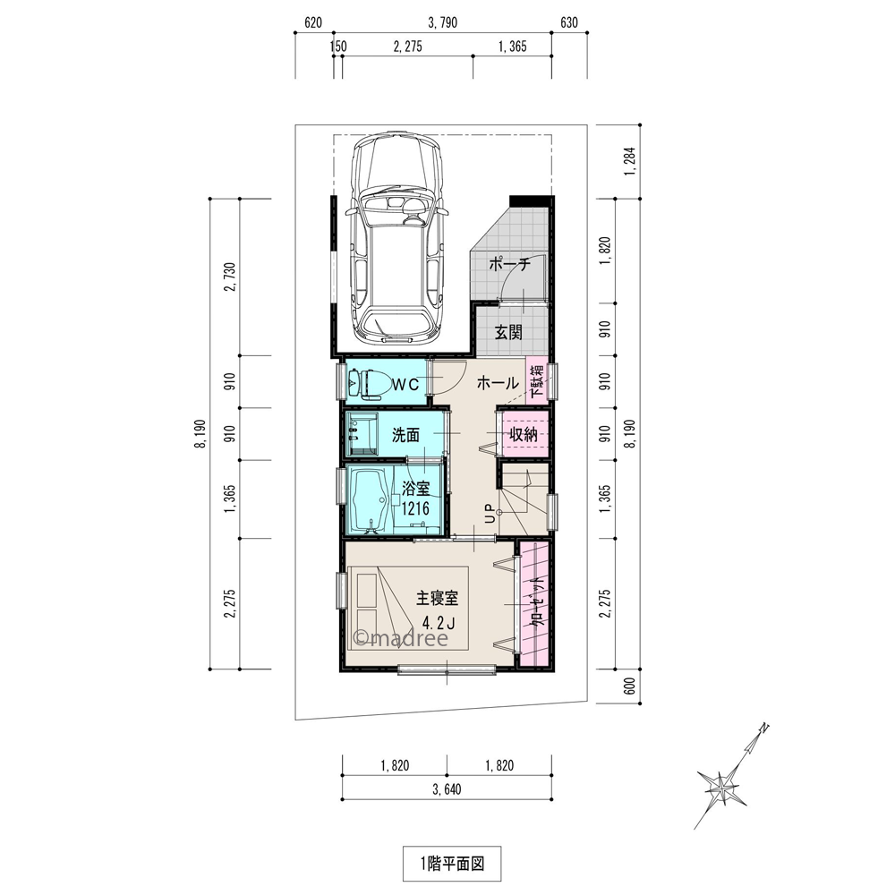 [23坪 3LDK] 縦空間を有効活用、収納充実した狭小地の家の間取り図　1階の画像
