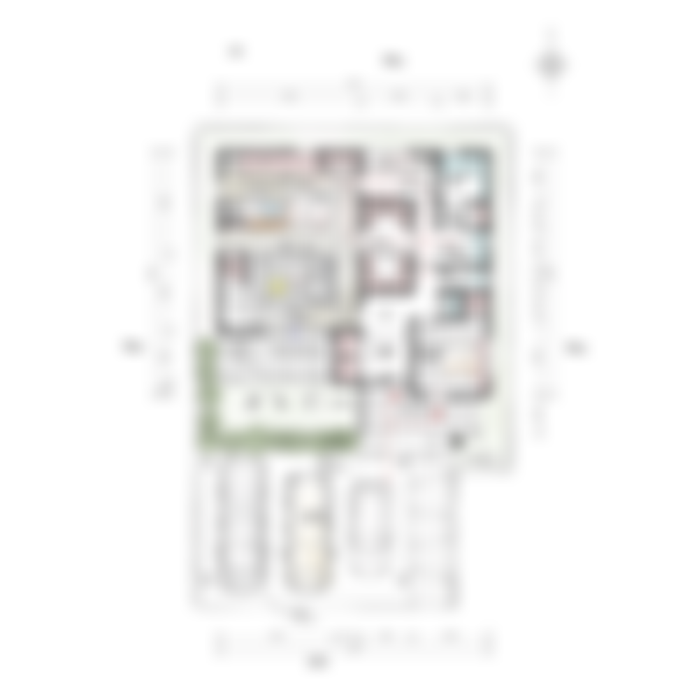 [36坪 3LDK] 来客が入り込まない安心の家族スペース、廊下で空間をしっかり分けた事務所併設の家の間取り図　配置図の画像