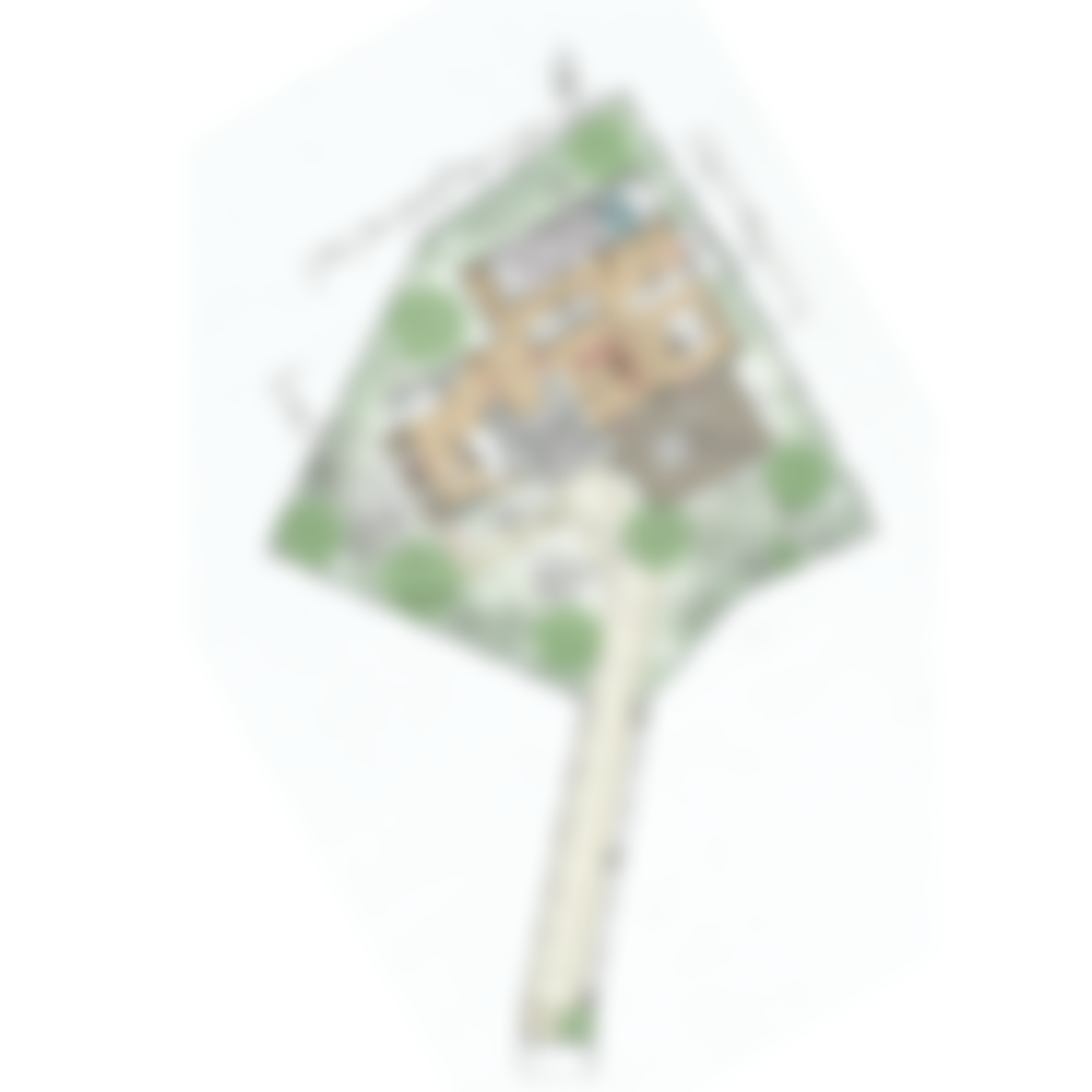 [42坪 5LDK] 旗竿地に広がる緑の小庭、家族それぞれに篭れる陽だまり部屋のある二世帯住宅の間取り図　配置図の画像