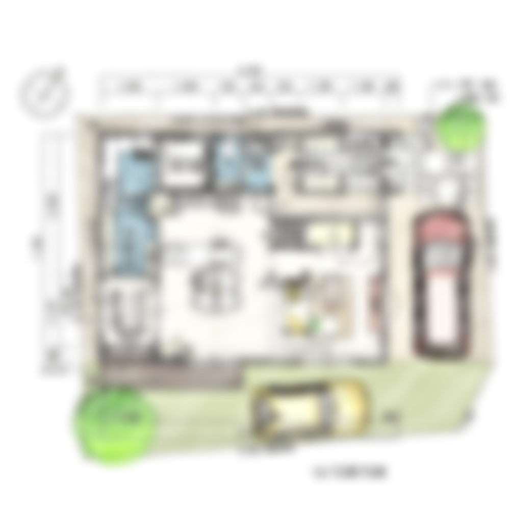 [35坪 3LDK] 共働き夫婦に嬉しい家事動線、LDKと繋がるフレキシブルなサンルームのある家の間取り図　配置図の画像