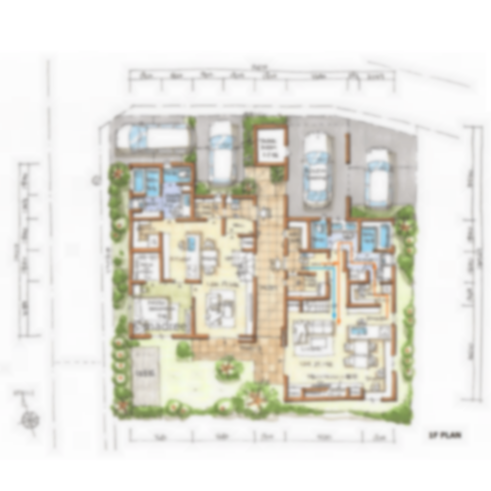 [76坪 5LDK] ピロティですっきり住み分け、将来的に賃貸経営を見据えた二世帯住宅の間取り図　配置図の画像
