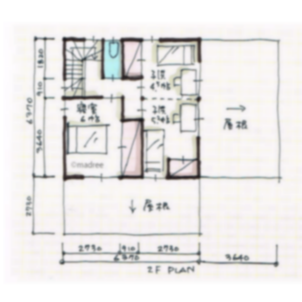 [36坪 2LDK] 短い廊下で繋がるコンパクトな生活動線、将来的に1階完結で暮らせる家の間取り図　2階の画像