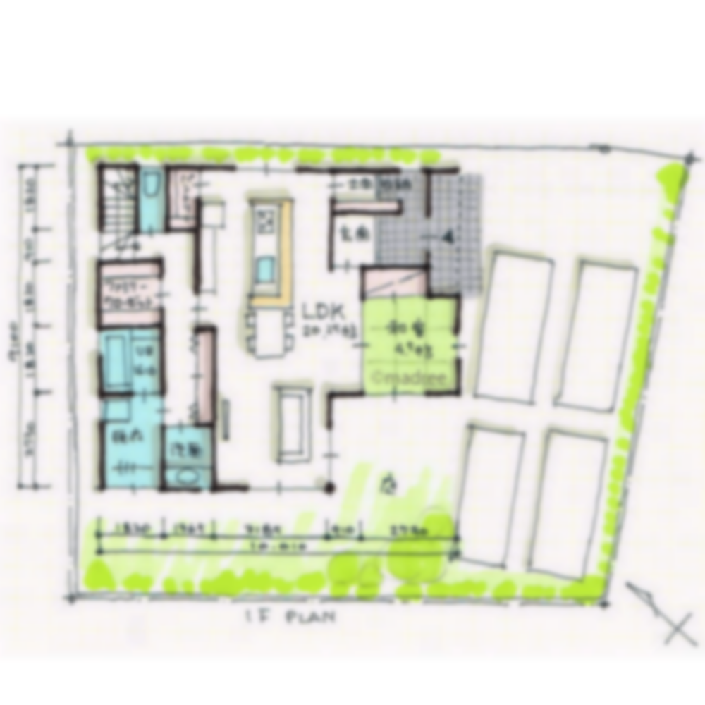 [36坪 2LDK] 短い廊下で繋がるコンパクトな生活動線、将来的に1階完結で暮らせる家の間取り図　配置図の画像