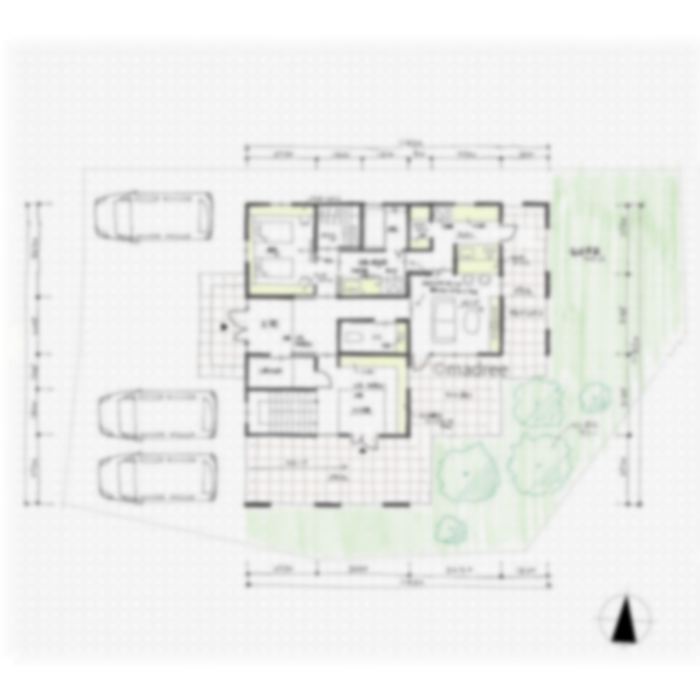 [55坪 3LDK] 視線の抜けるプライベート空間、ピロティで屋外時間を共有できる二世帯住宅の間取り図　配置図の画像