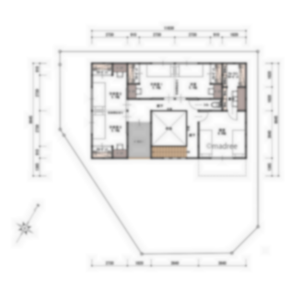 [49坪 3LDK] 心地良く囲まれたリビング空間、ダウンフロアでメリハリが生まれる台形地の家の間取り図　2階の画像