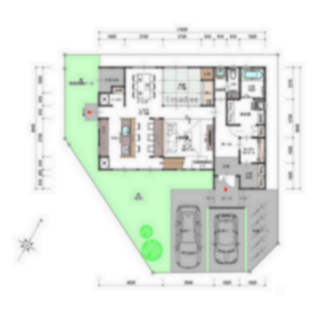 [49坪 3LDK] 心地良く囲まれたリビング空間、ダウンフロアでメリハリが生まれる台形地の家の間取り図　配置図の画像
