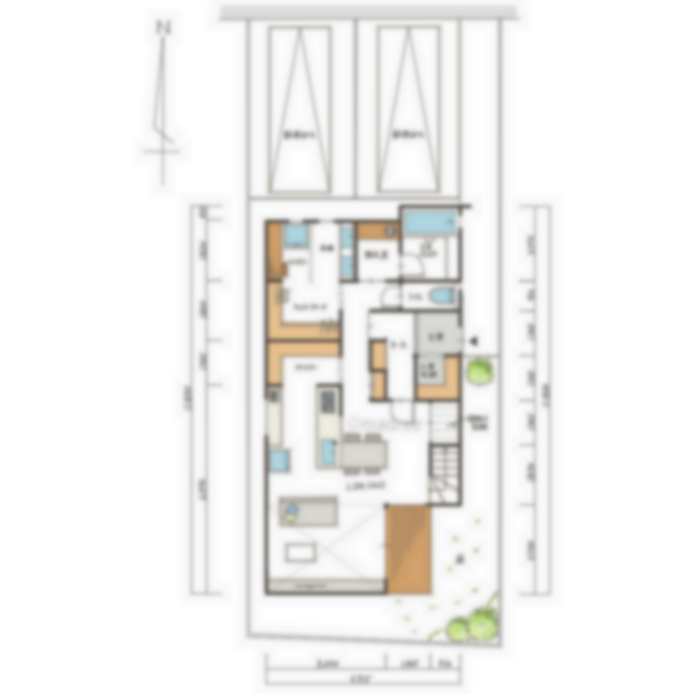 [32坪 3LDK] 少ない廊下と間仕切りで、動線をコンパクトに生活空間を広々と活用した家の間取り図　配置図の画像