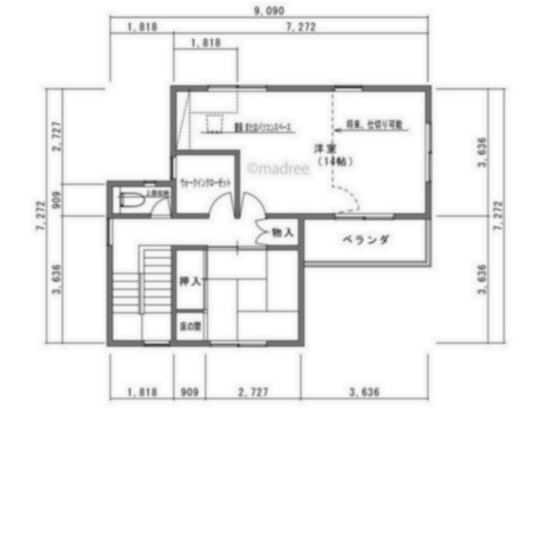 [42坪 4LDK] 用途を固定しないフレキシブルな部屋対応、平屋のようにも生活できる家の間取り図　2階の画像