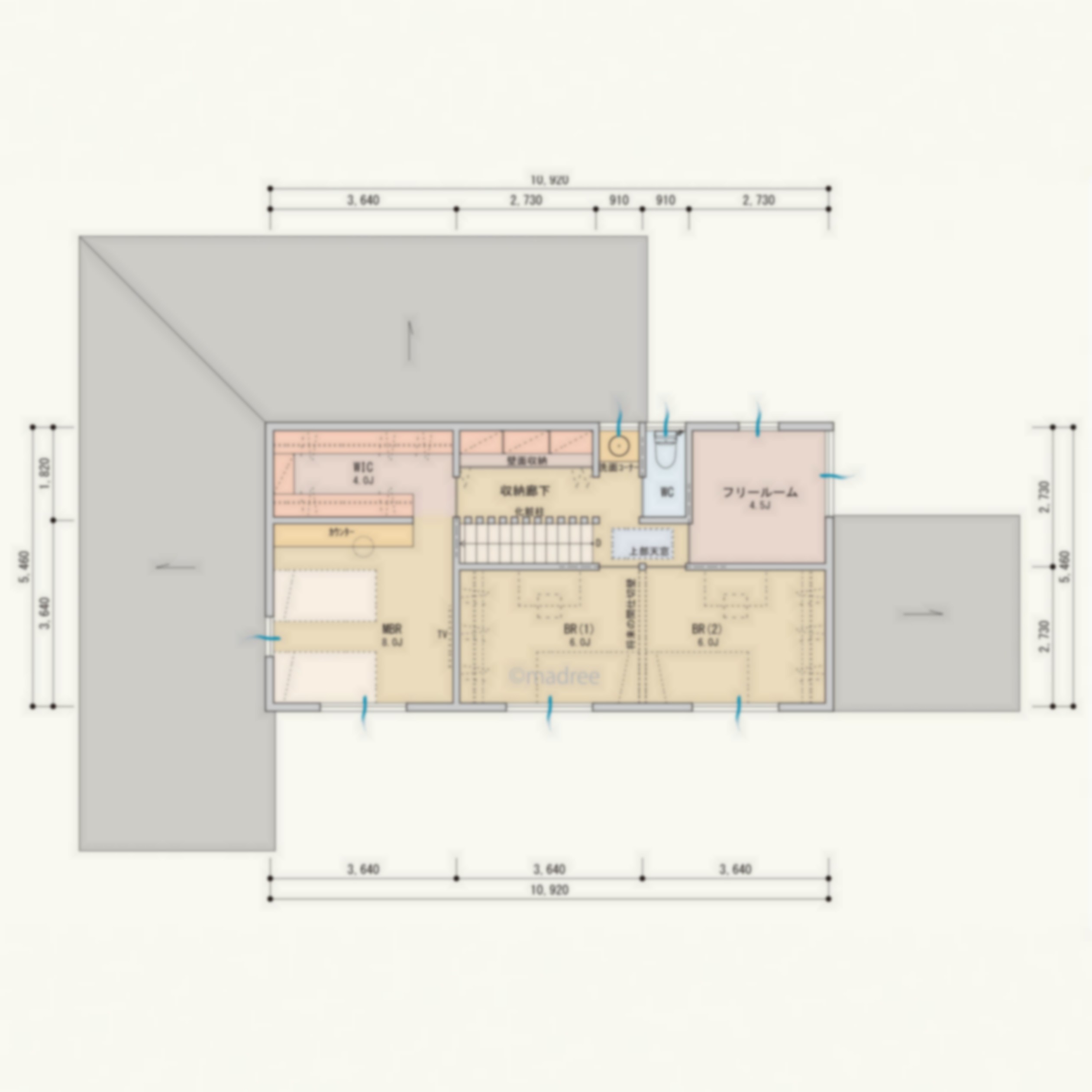 [54坪 4LDK] 北側の家事動線に収納を充実、 隠れ廊下収納でLDKの空間がスッキリする家の間取り図　2階の画像