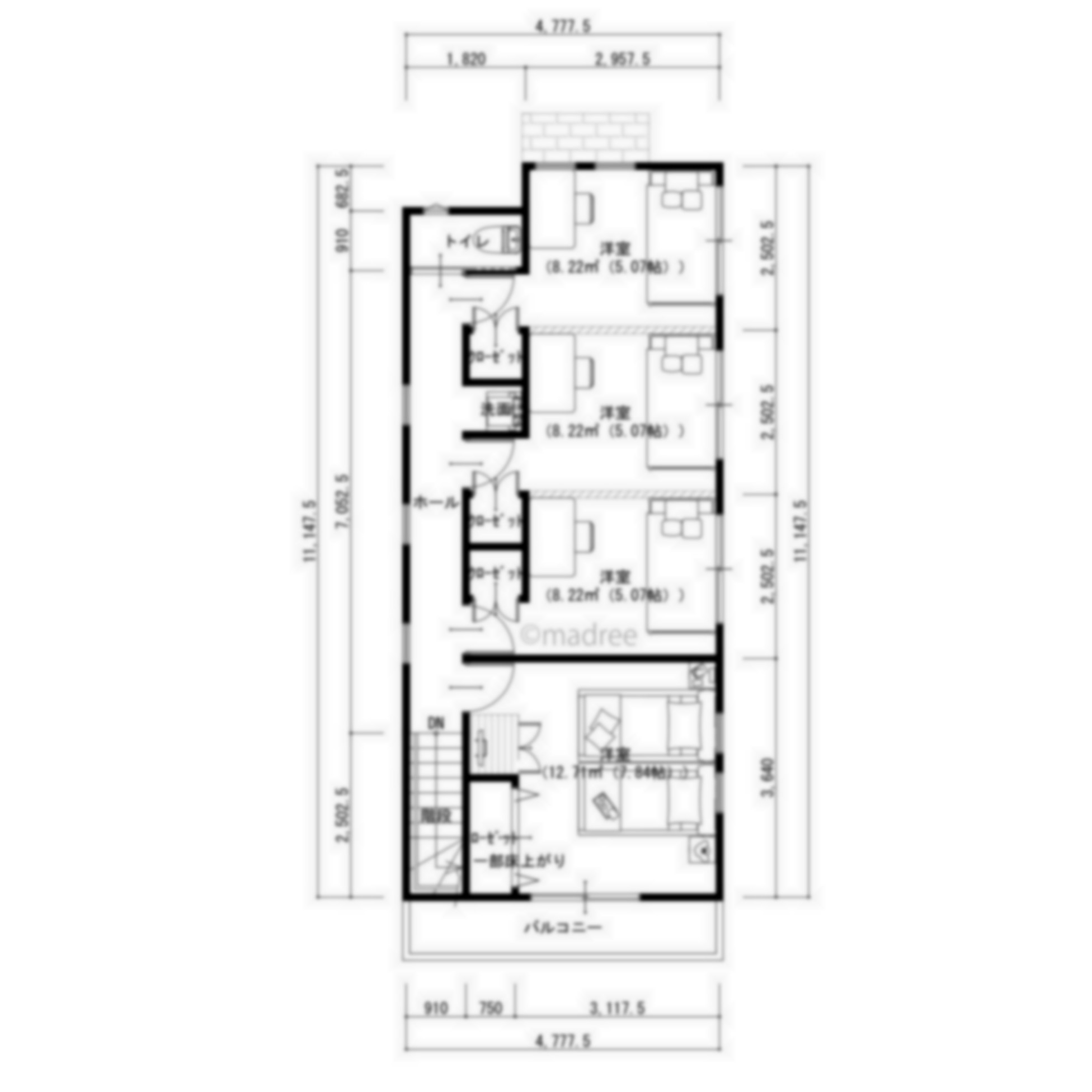 [31坪 2LDK] 短い家事動線で有効な空間活用、狭小地でも家族がのびのび過ごせる家の間取り図　2階の画像