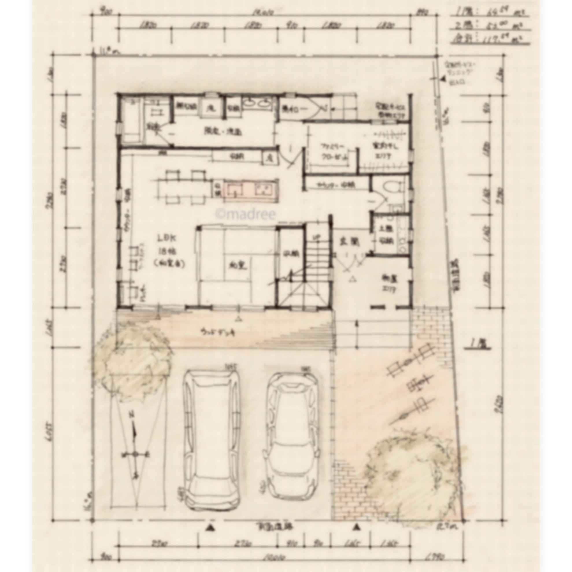 [36坪 3LDK] 横軸の裏動線で家事まとめて片付く、1階でほぼ完結するリビング中心の家の間取り図　配置図の画像