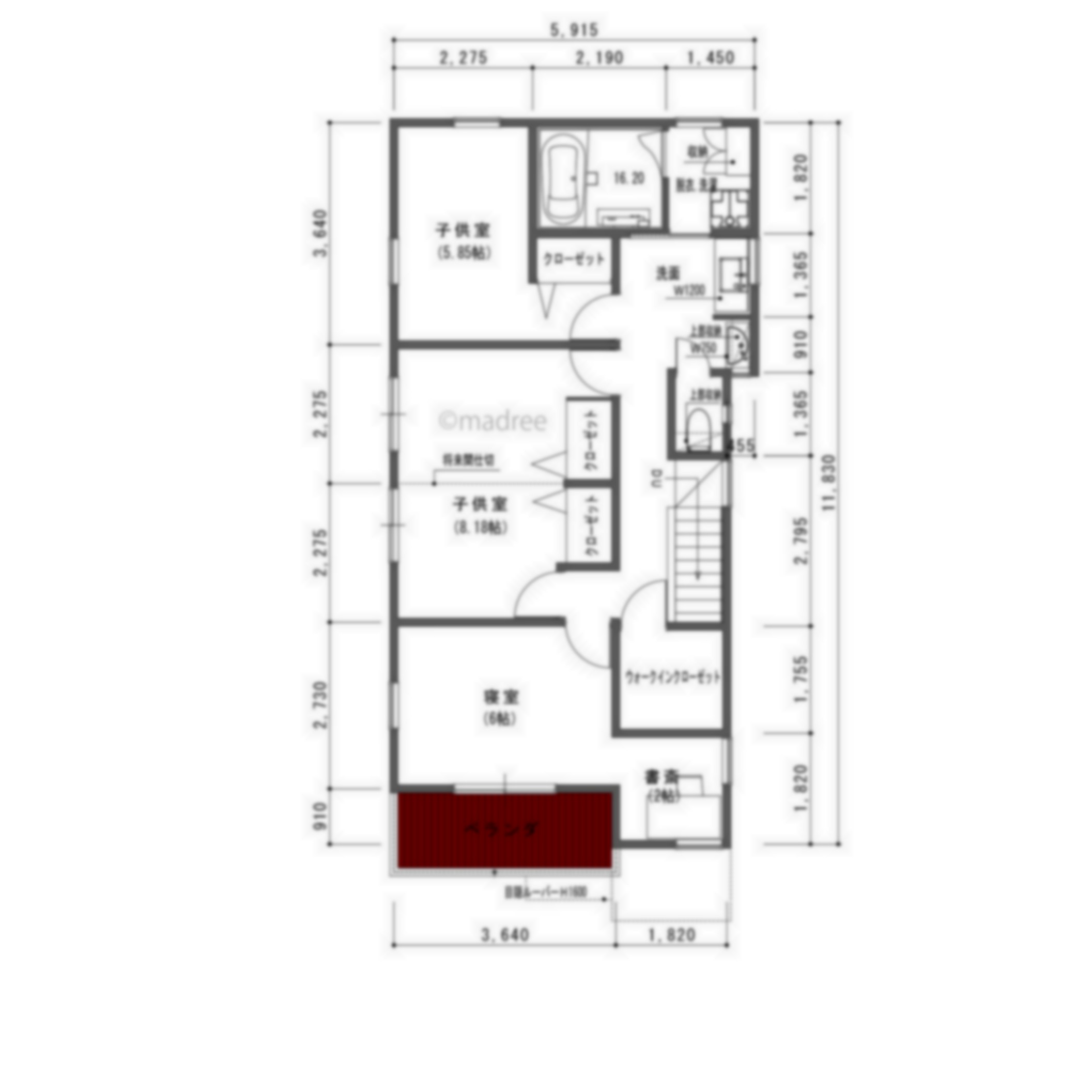 [40坪 4LDK] ロールカーテンで手軽に来客動線を確保、広々LDKを廊下としても活用できる家の間取り図　2階の画像