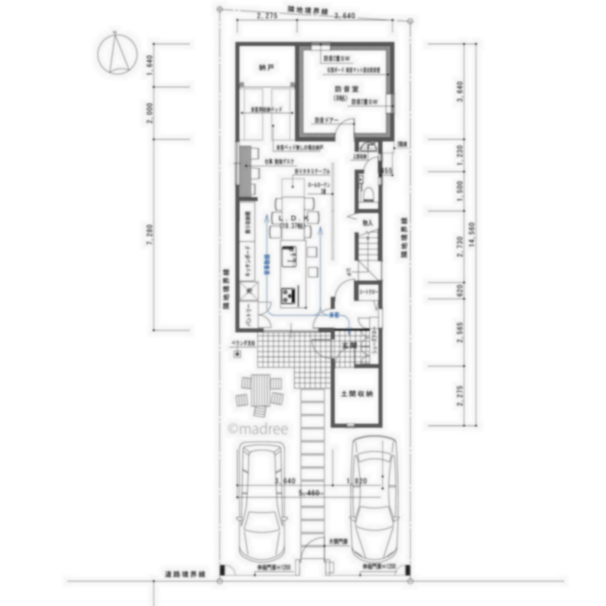 [40坪 4LDK] ロールカーテンで手軽に来客動線を確保、広々LDKを廊下としても活用できる家の間取り図　配置図の画像