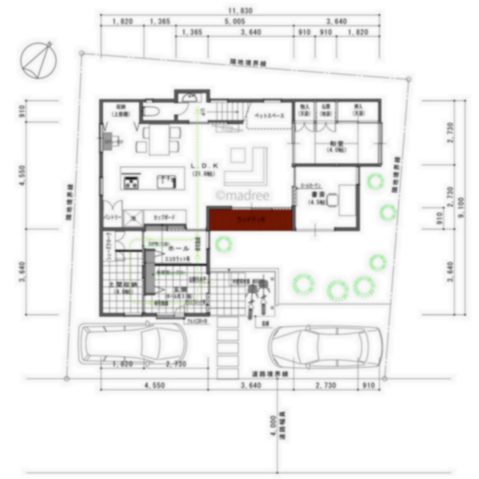 [39坪 3LDK] LDKと書斎をフレキシブルに空間分け、家族を見守りながら在宅ワークできる家の間取り図　配置図の画像