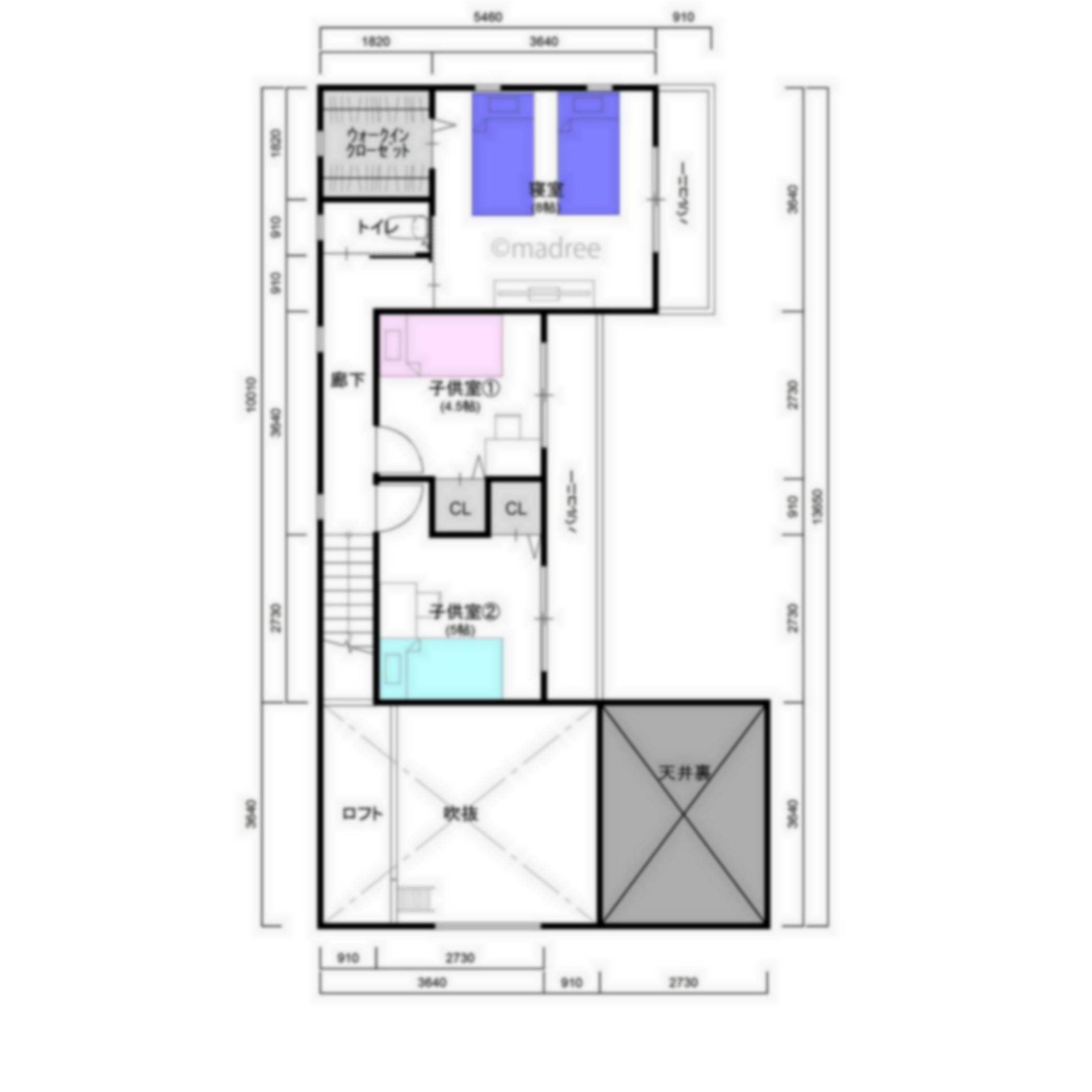 [34坪 3LDK] LDKの延長として生活を繋ぐ、食事や趣味を楽しむ居住感テラスのある家の間取り図　2階の画像