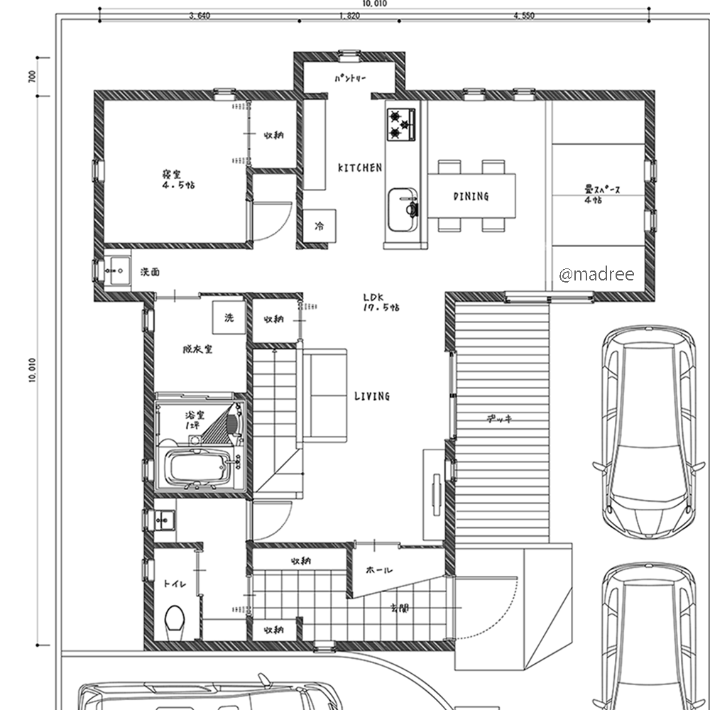 [37坪 4LDK] 廊下なくして広くLDK活用、整理整頓を意識できる玄関すぐリビングの家の間取り図　1階の画像