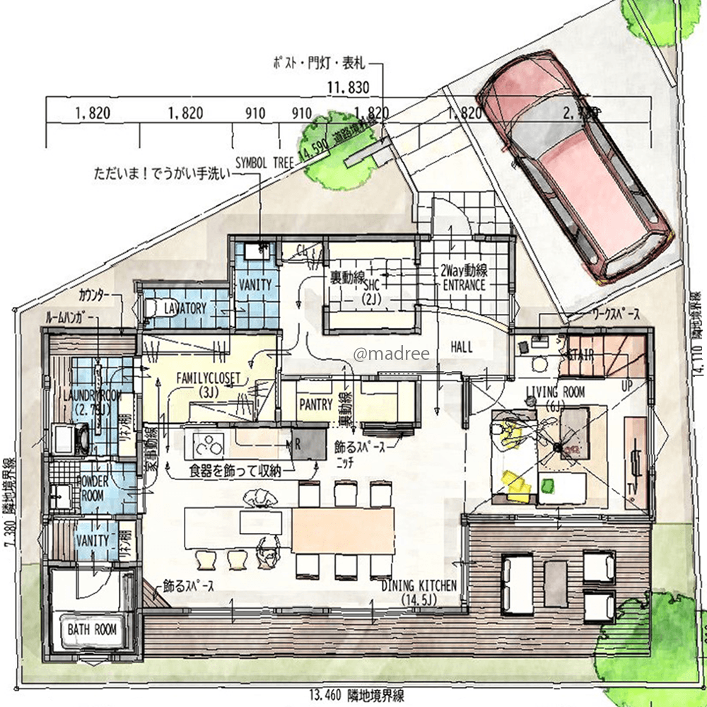 [40坪 3LDK] シンプル動線で毎日が楽家事、LDKとウッドデッキが面で繋がる開放的空間の家の間取り図　1階の画像