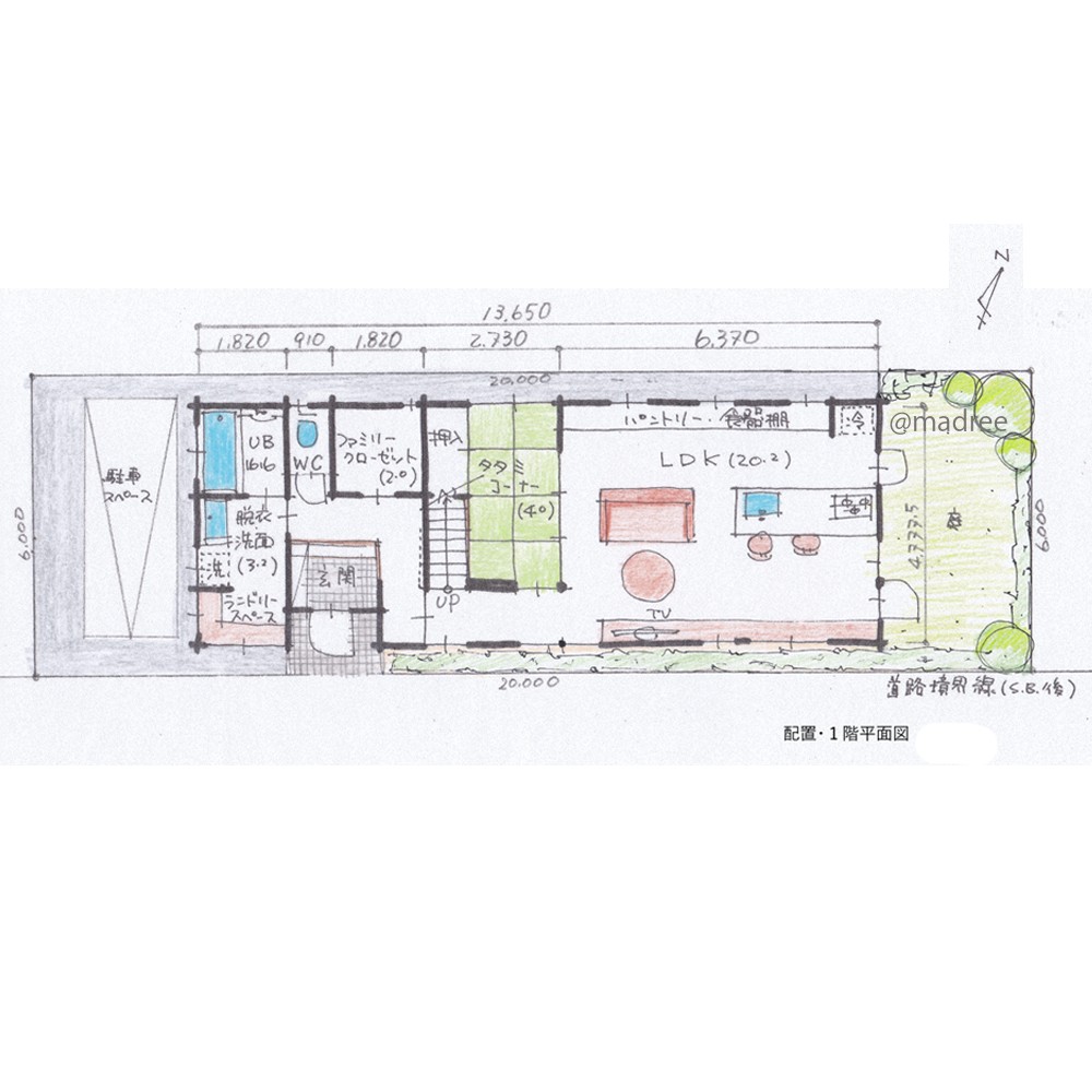 34坪 4ldk 庭に繋がるldkで奥行き感じる 全居室南から光入る細長い家の間取り図 Madree マドリー