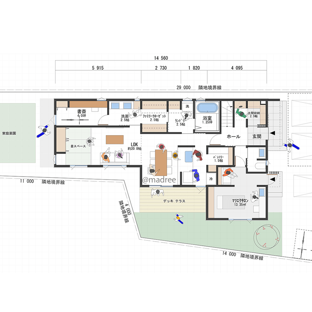 [37坪 5LDK] キッチンから好アクセスの水廻り、将来は平屋のように使えるサロン併設の家の間取り図　1階の画像