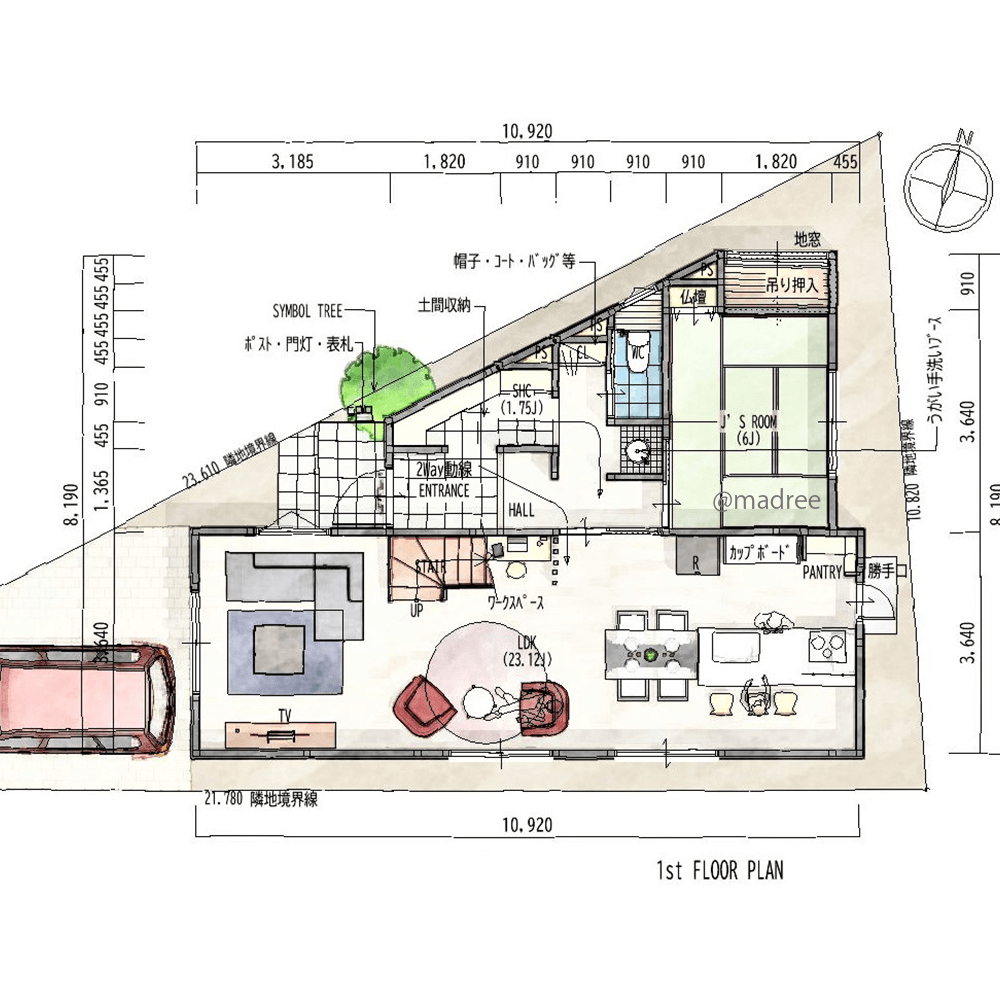 [41坪 3LDK] 最短動線で暮らし整う、無駄なく空間を活用した三角地に建つ家の間取り図　1階の画像