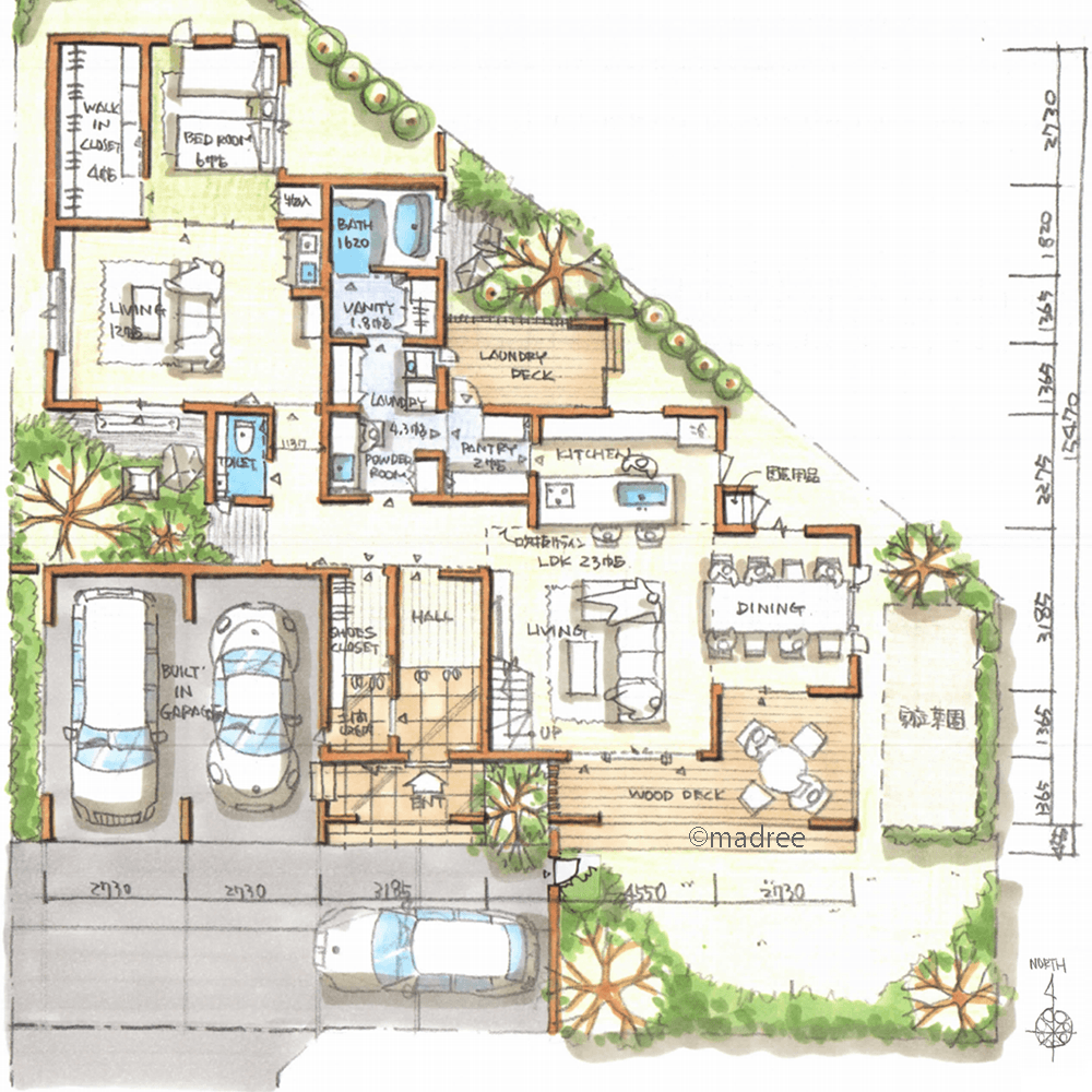 [59坪 5LDK] 緑豊かな庭で季節の移ろい感じる、凸凹変形地をうまく活用した二世帯住宅の間取り図　1階の画像