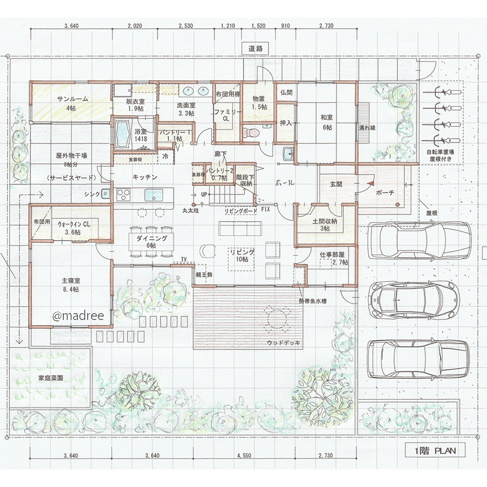 [48坪 5LDK] 階段中心に暮らし整う、回遊スムーズ家事動線で家族時間の増える家の間取り図　1階の画像