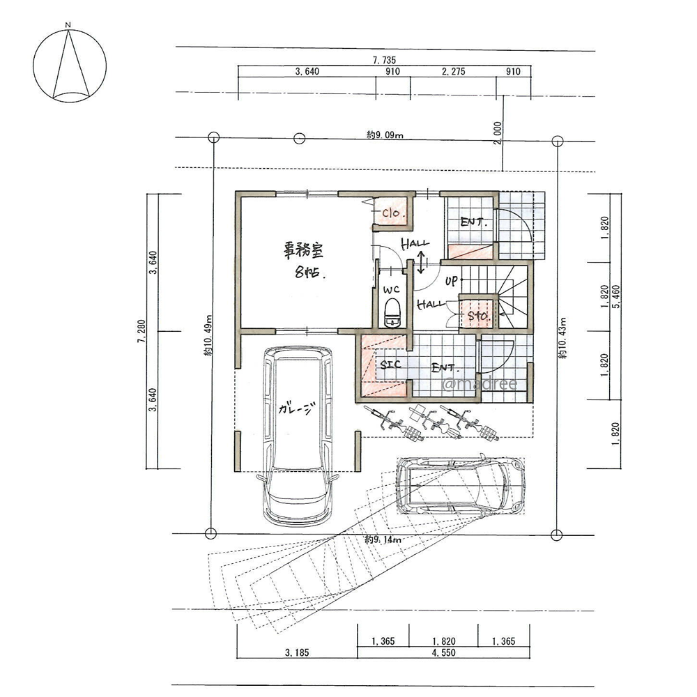 [42坪 4LDK] 同居を見据えた団欒空間、期日あり事務所のある賃貸併用住宅の間取り図　1階の画像