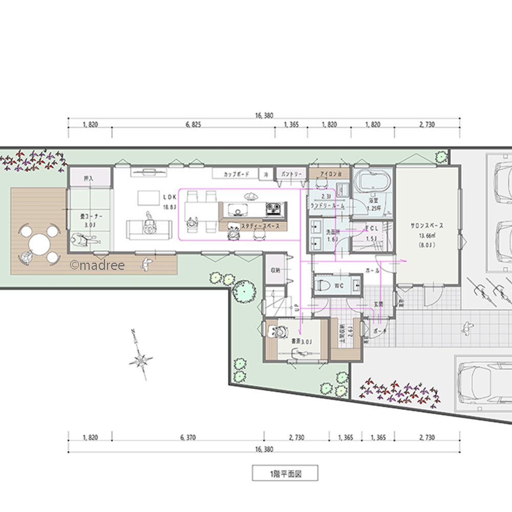 [38坪 5LDK] 仕事とプライベートを空間で切り替え、来客と動線の交わらないサロン併用の家の間取り図　1階の画像