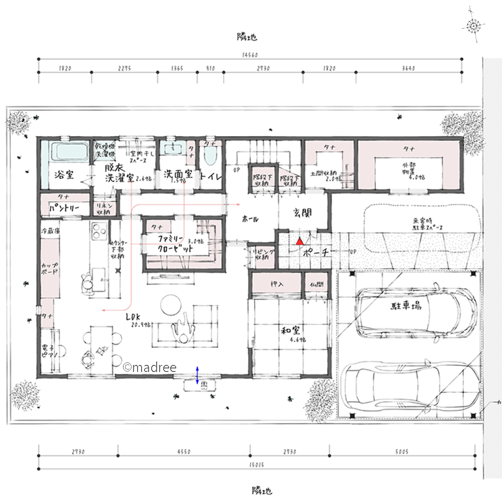 [44坪 4LDK] ファミクロ中心で家事も身支度もスムーズに、自立心を育む快適動線の家の間取り図　1階の画像