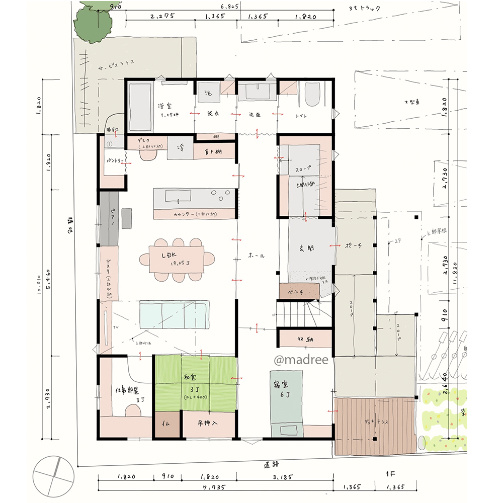 [52坪 パントリー] 程よい距離感で大家族が暮らす、子育てと介護のダブルケア実現の二世帯住宅の間取り図　1階の画像