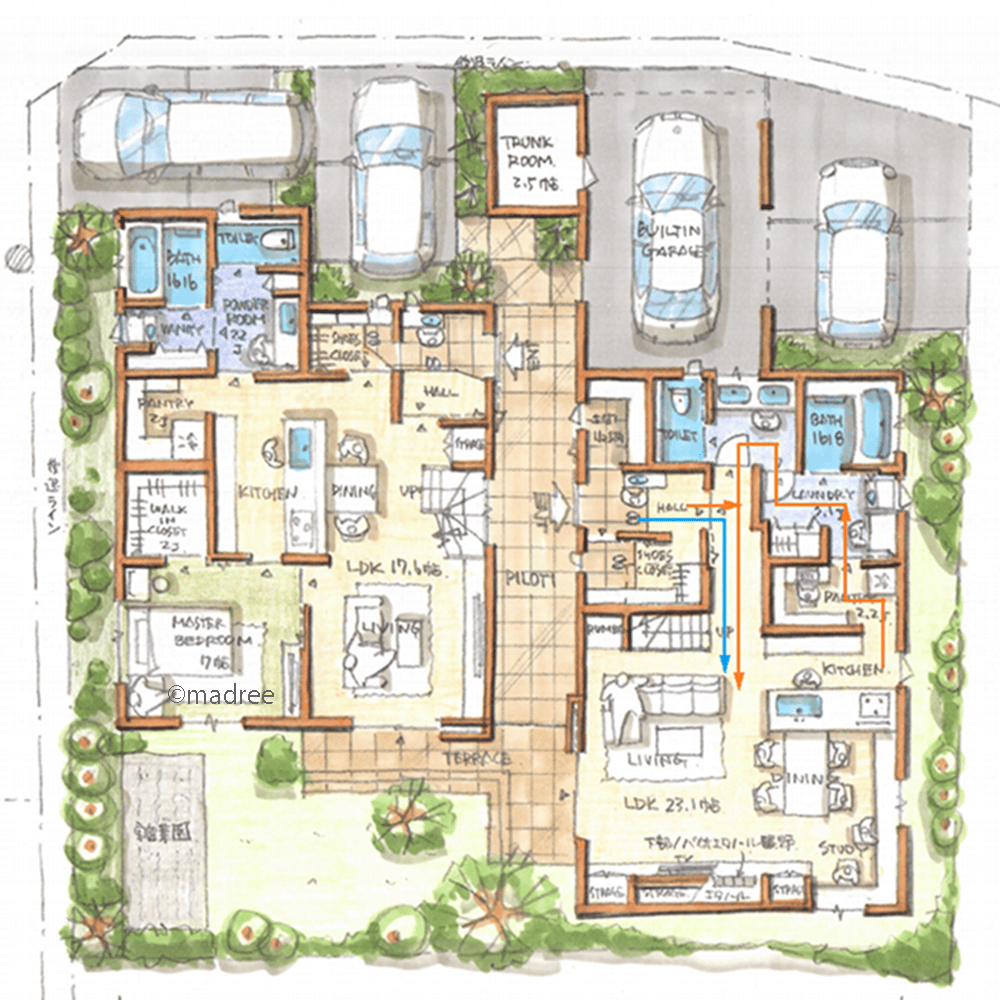 [76坪 5LDK] ピロティですっきり住み分け、将来的に賃貸経営を見据えた二世帯住宅の間取り図　1階の画像