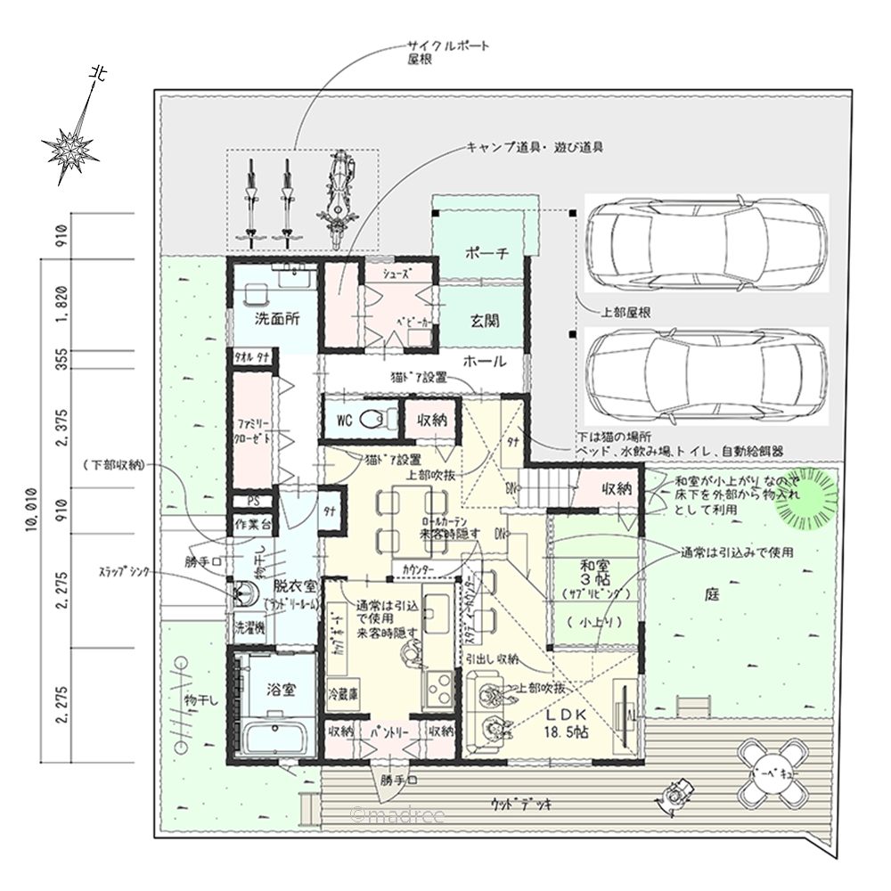 [36坪 3LDK] 一直線の家事動線でシンプルにお片付け、整う収納とさっと隠せるキッチンの家の間取り図　1階の画像