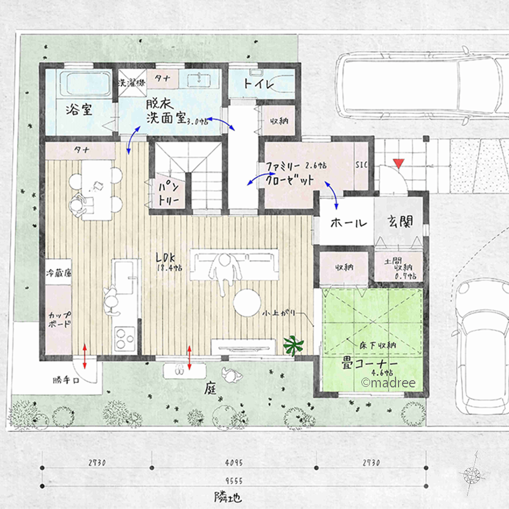 [36坪 3LDK] デッドスペースは最大限収納に活用、リビング中心に回遊動線で家事の繋がる家の間取り図　1階の画像
