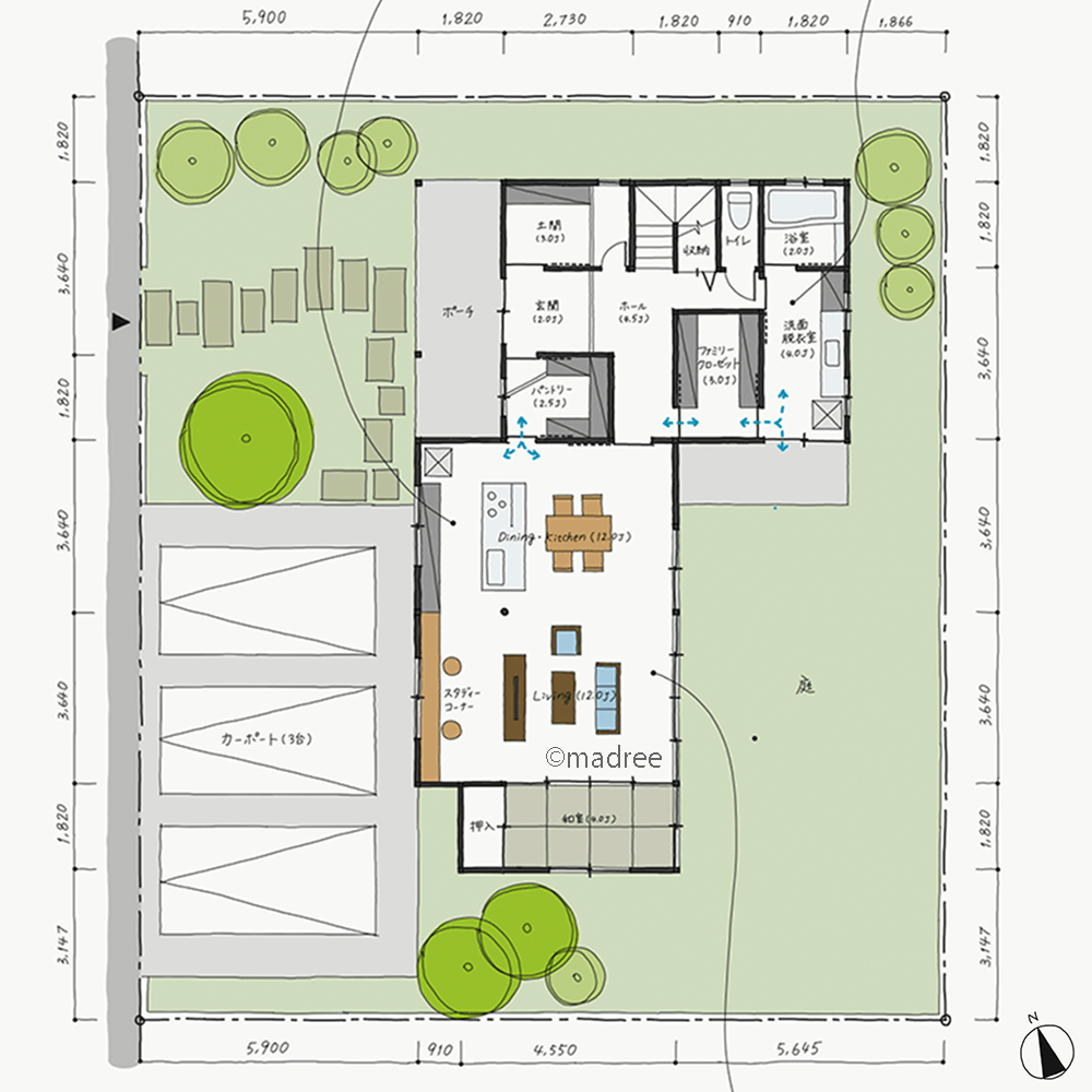 [39坪 4LDK] 庭とつながるダイナミックなリビングが主役、機能別に空間分けた快適動線の家の間取り図　1階の画像