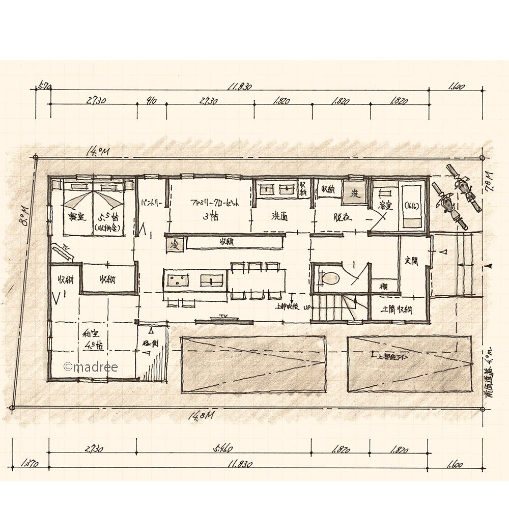 [32坪 5LDK] キッチンからぐるっとラク家事動線、将来のライフプラン見据えた平屋のような家の間取り図　1階の画像