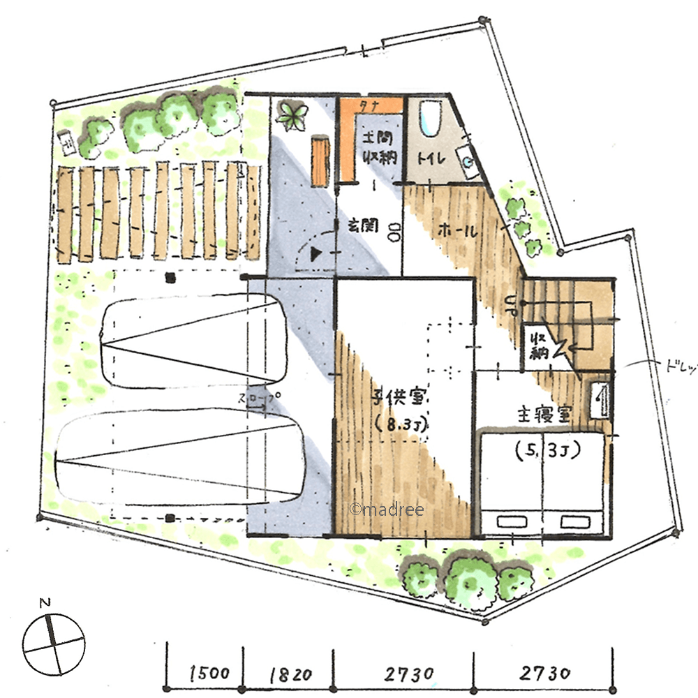 [27坪〜30坪 3LDK] キッチン近くで家事完結の効率動線、狭小かつ変形地を明るく開放的にみせる家の間取り図　1階の画像