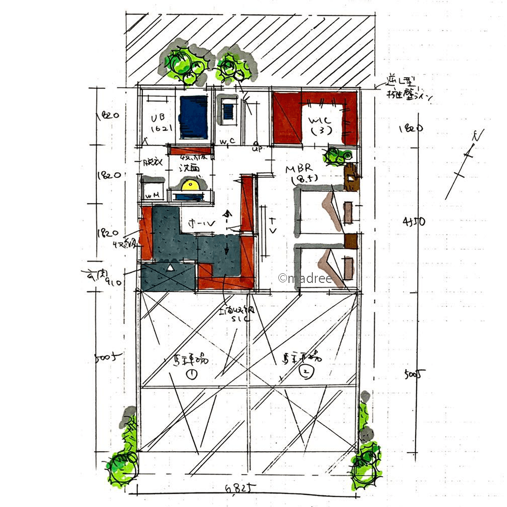[33坪 4LDK] 陽だまりLDKと繋がる庭のようなバルコニー、プライベート感のある2階でゆったり暮らす家の間取り図　1階の画像