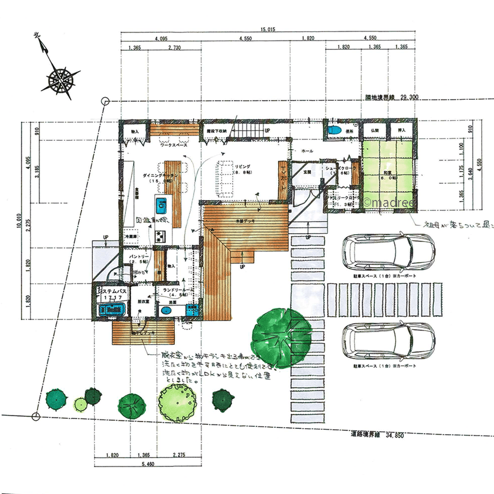 [41坪 4LDK] 音を気にせず落ち着いて暮らせる空間対策、玄関を中心に世帯を分けたL字型の二世帯住宅の間取り図　1階の画像
