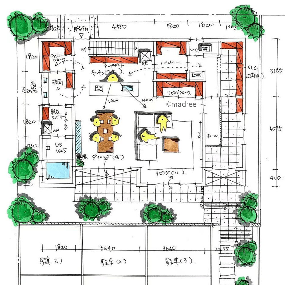 [45坪 3LDK] 家族の集まるLDKが家の中心、繋がるタイルテラスで視覚的にも広がりを感じる家の間取り図　1階の画像