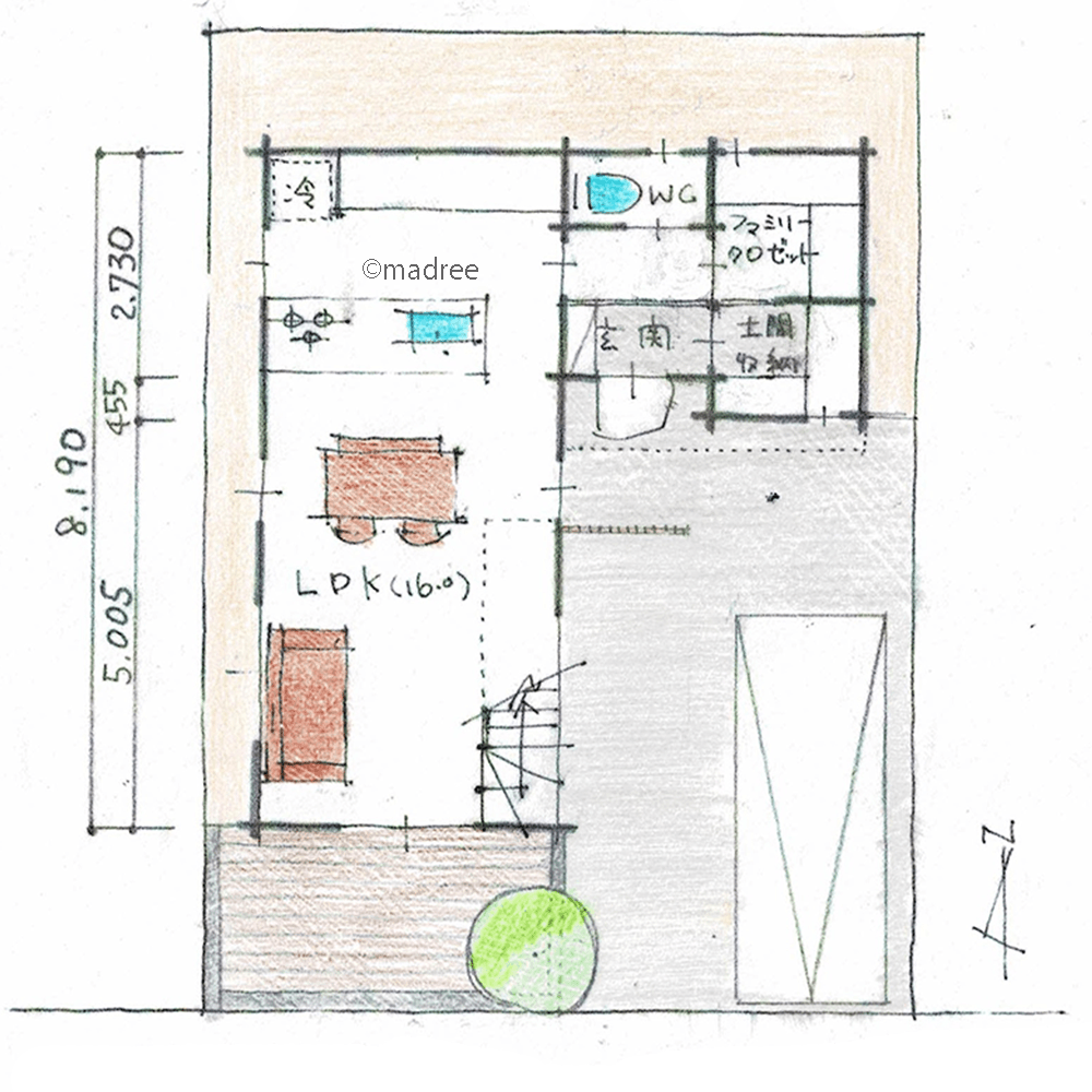 [25坪 3LDK] コンパクトなL字型の生活動線、共働きに嬉しい陽だまり2階サンルームのある家の間取り図　1階の画像